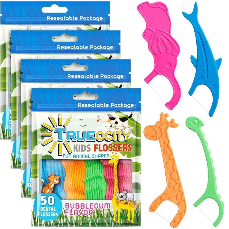 Trueocity Kids Flossers 4 Pack (200 Count) â€“ Fun Animal-Shaped Floss Picks for Kids, Bubble Gum Flavor, Easy Glide Between Teeth, Helps Prevent Tooth Decay & Gum Disease - Image 1